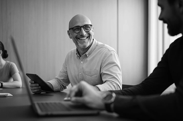 Leende man i kontorsmiljö